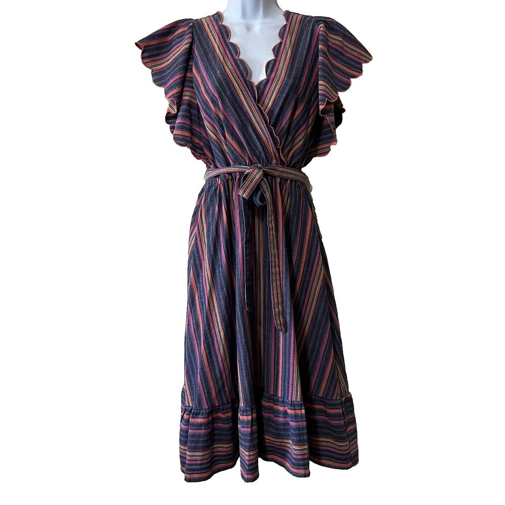 Umgee Womens Flutter Sleeve V-Neck Striped Scalloped Tie Waist A-Line Dress S